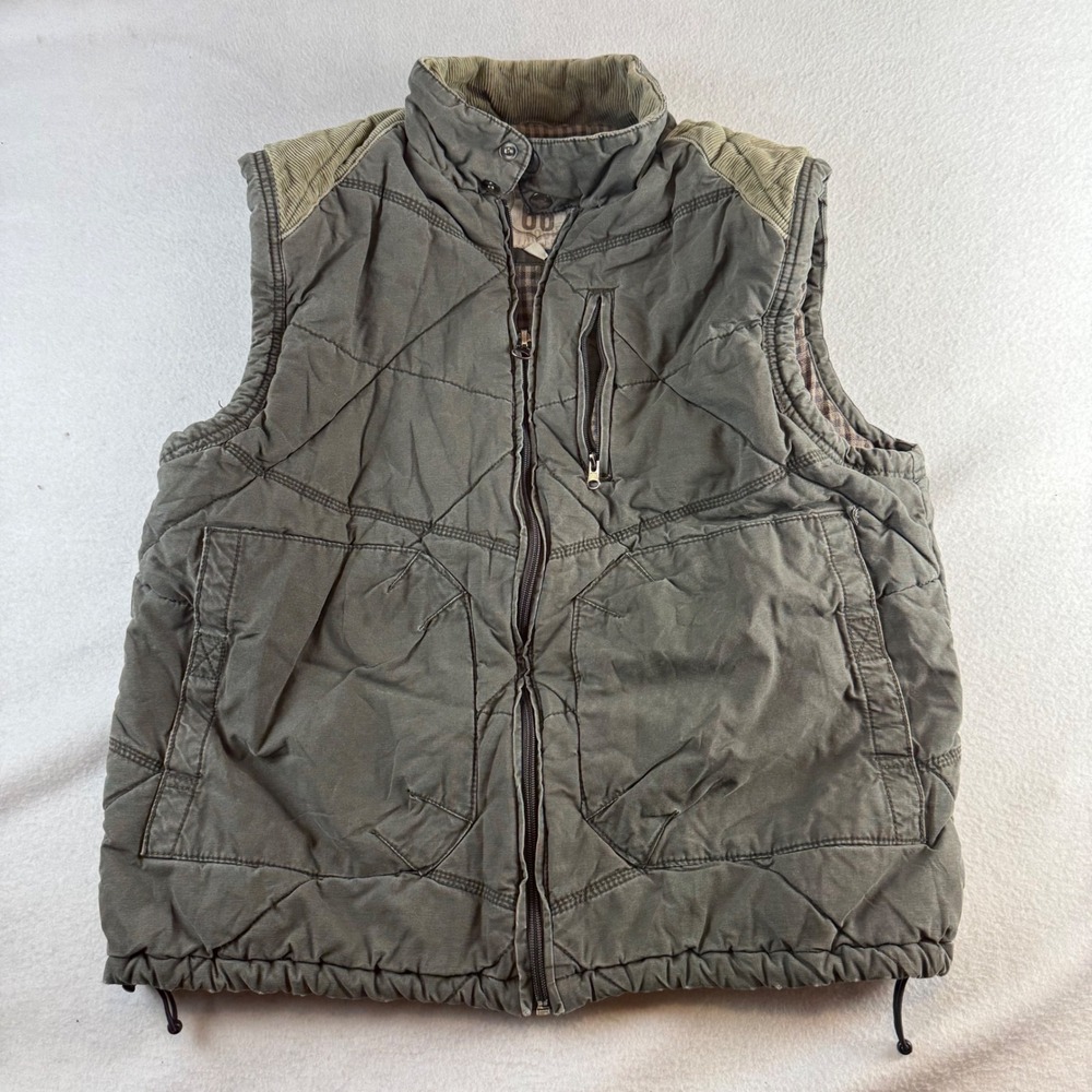 Route 66 Womens Large Olive Green Quilted Puffer Vest Corduroy Plaid Lined